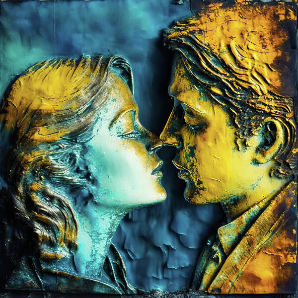 Lovers Poster featuring the digital art Two Lovers 02 Blue and Gold by Matthias Hauser