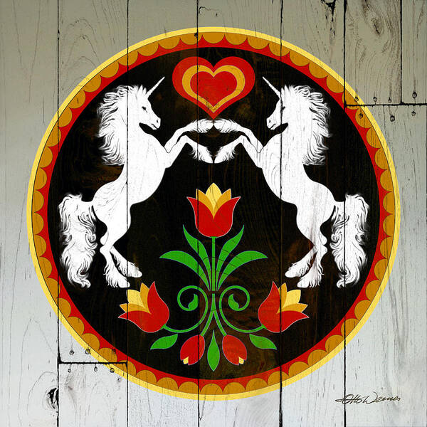 Folk Art Poster featuring the painting Unicorn Hex Barn Folk Art by Hanne Lore Koehler