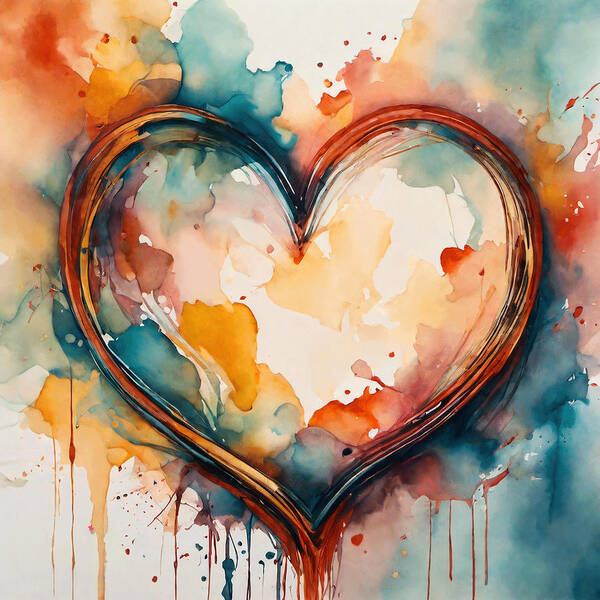 Heart Poster featuring the painting Valentine Heart Shape Watercolor Contour Drawing, Valentines Day by Mounir Khalfouf
