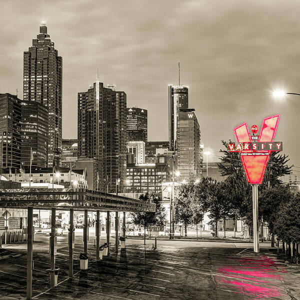 Atlanta Skyline Poster featuring the photograph Varsity Neon and Atlanta Skyline - Sepia Selective Color 1x1 by Gregory Ballos