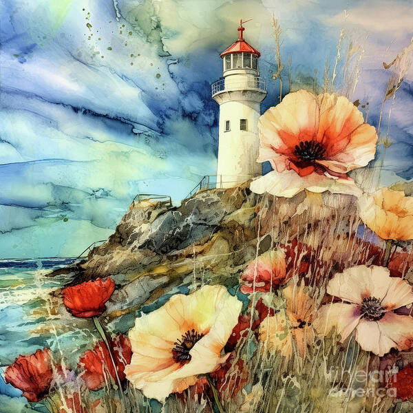 Lighthouse Poster featuring the painting Watchtower By The Sea by Tina LeCour