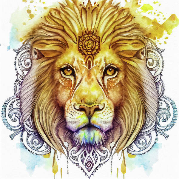 Lion Poster featuring the digital art Watercolor Animal 03 Lion Portrait by Matthias Hauser