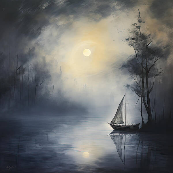 Mystery Art Poster featuring the painting Whispering Waters - Black and White Lakehouse Art by Lourry Legarde