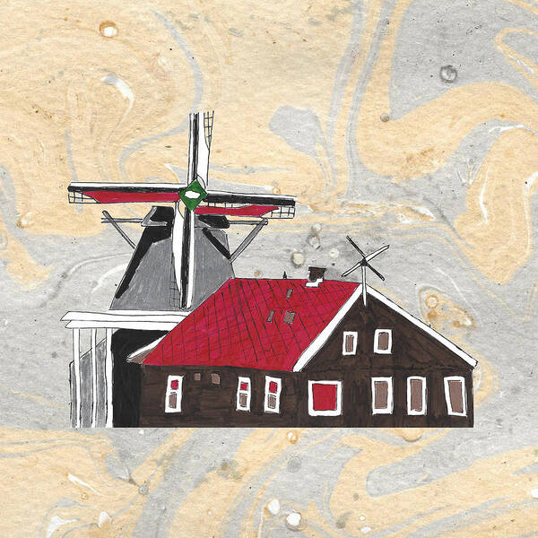Amsterdam Poster featuring the mixed media Windmill Amsterdam Skyline Gold and Silver Swirls Background by Ali Baucom