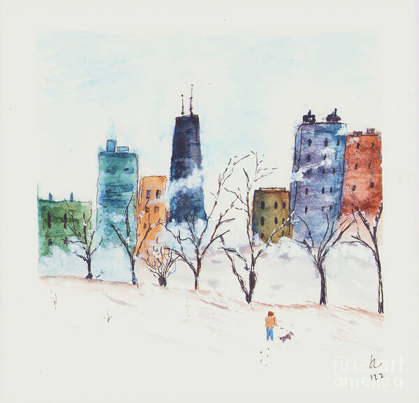 Wintery Poster featuring the painting Wintery Chicago by Loretta