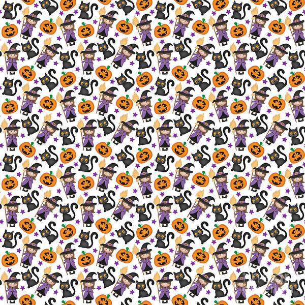Witch Poster featuring the digital art Witches and Cats Halloween Pattern, Pumkin by Amusing DesignCo