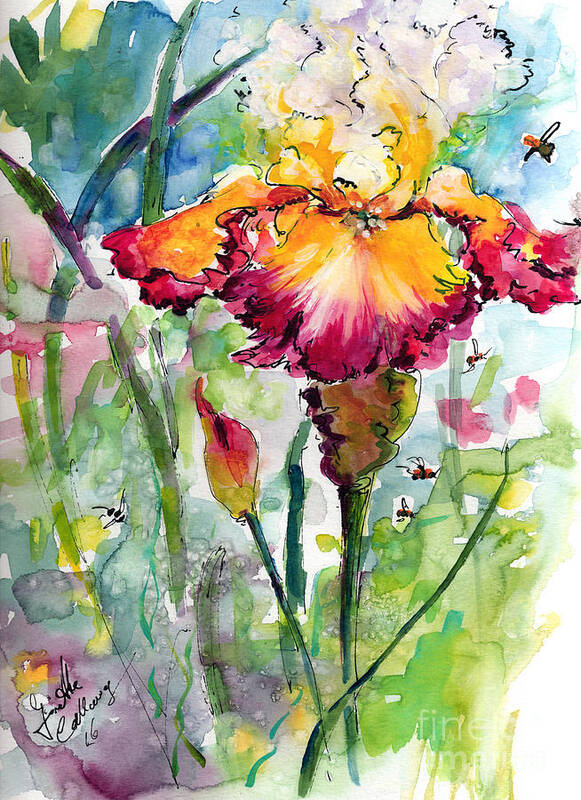 Flowers Poster featuring the painting Bearded Iris and Bees Watercolor by Ginette Callaway