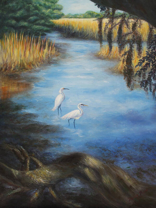 Landscape Poster featuring the painting Egrets on the Ashley at Charles Towne Landing by Pamela Poole