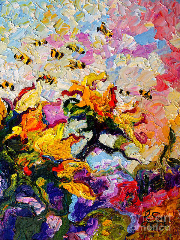 Sunflowers Poster featuring the painting Impressionist Sunflowers and Bees by Ginette Callaway