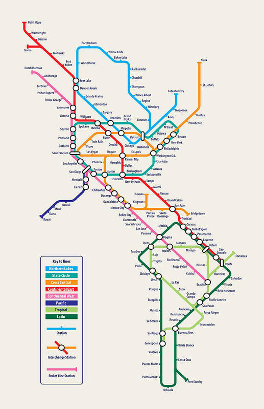 World Map Poster featuring the digital art Americas Metro Map by Michael Tompsett