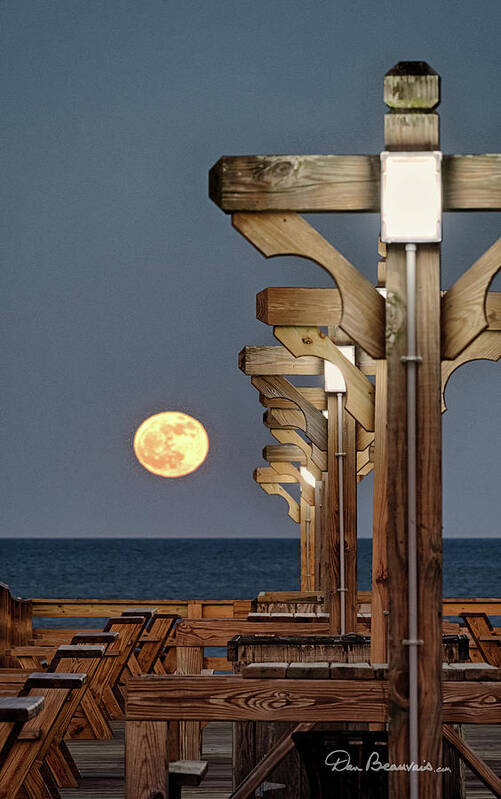 Moon Poster featuring the photograph Moonrise at Kitty Hawk Pier 2871 by Dan Beauvais