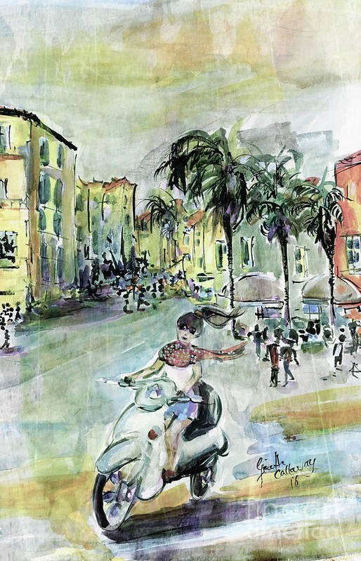 Italy Poster featuring the mixed media Girl on Vespa in Sorrento Italy Vintage Colors by Ginette Callaway