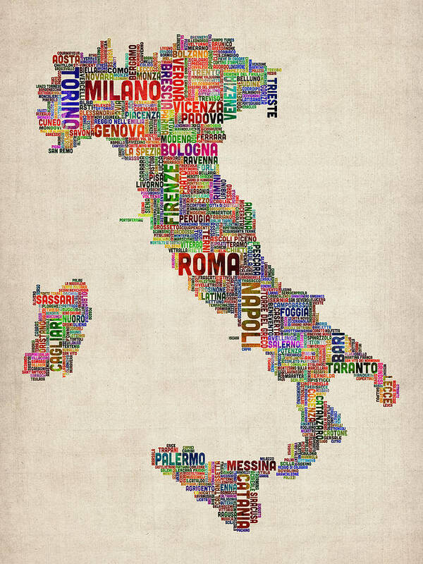 italy Map Art Print featuring the digital art Text Map of Italy Map by Michael Tompsett