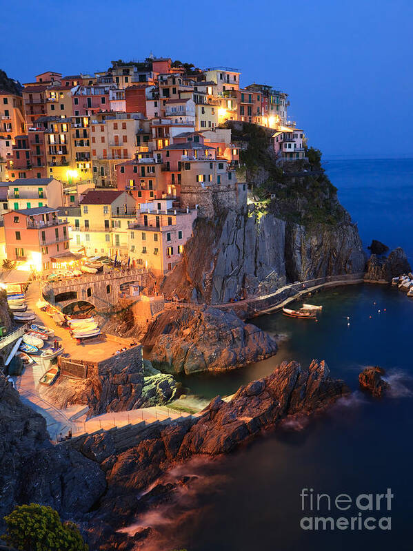 Cinque Terre Art Print featuring the photograph Manarola at night in the Cinque Terre Italy by Matteo Colombo