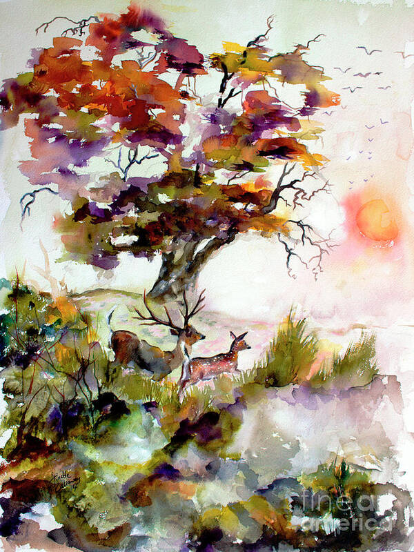 Oaks Tree Art Print featuring the painting Autumn Oak and Deer Sunset by Ginette Callaway