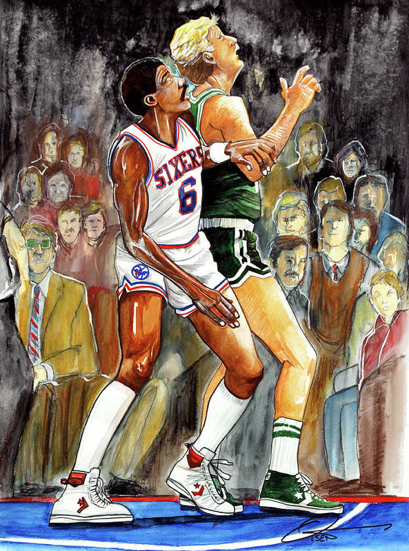 Larry Bird Art Print featuring the painting Dr.J vs. Larry Bird by Dave Olsen