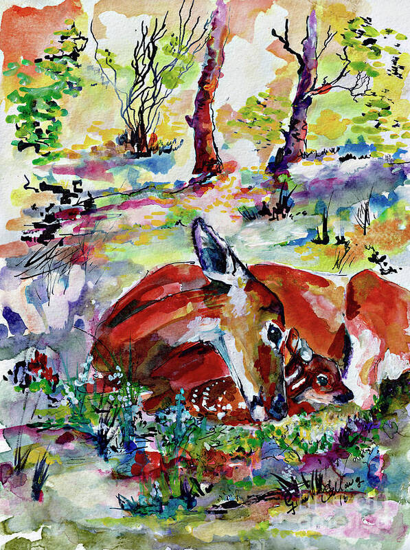 Forest Art Print featuring the painting Forest Doe and Fawn Whimsical Watercolor by Ginette Callaway