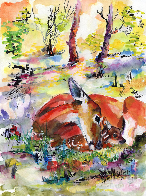 Forest Art Print featuring the painting Forest Life Doe and Fawn Watercolor by Ginette Callaway