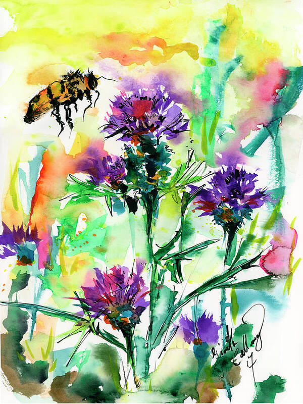 Flowers Art Print featuring the painting Wild Flowers Thistles and Bees by Ginette Callaway