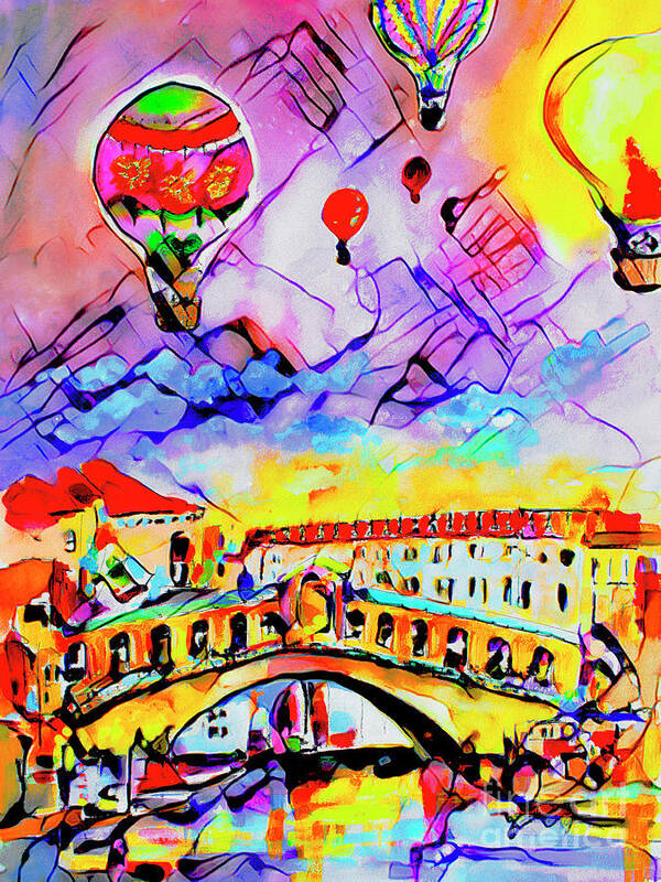 Abstract Art Art Print featuring the mixed media Abstract Venice Rialto Bridge Balloons by Ginette Callaway