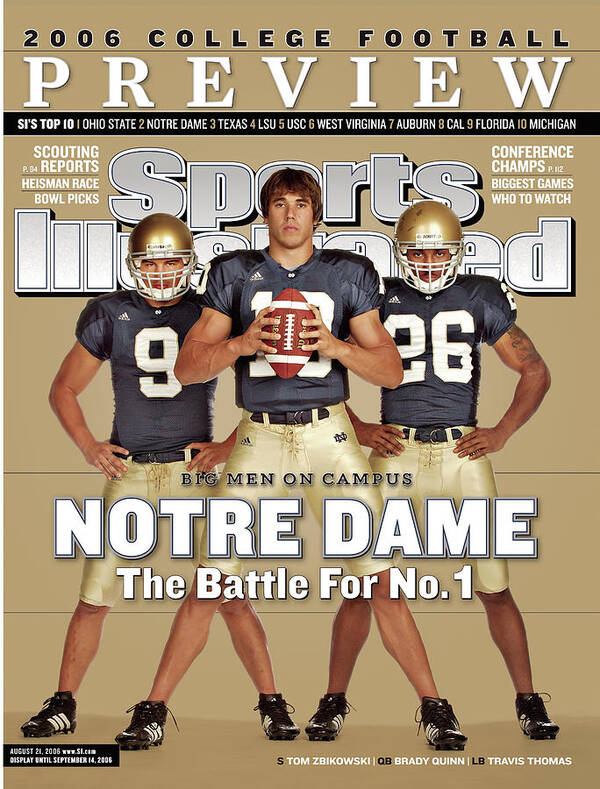 Brady Quinn Art Print featuring the photograph Notre Dame Qb Brady Quinn, Travis Thomas, And Tom Zbikowski Sports Illustrated Cover by Sports Illustrated