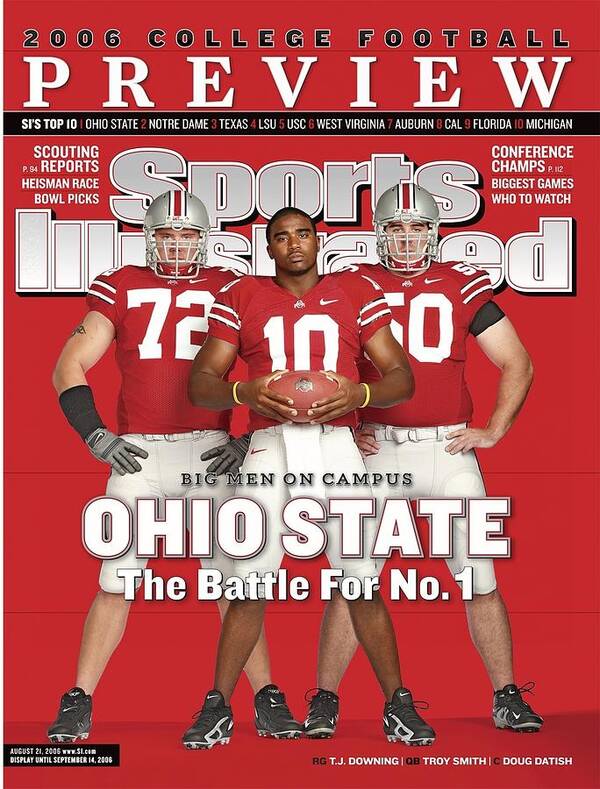 Sports Illustrated Art Print featuring the photograph Ohio State Troy Smith, Doug Datish, T.j. Downing Sports Illustrated Cover by Sports Illustrated