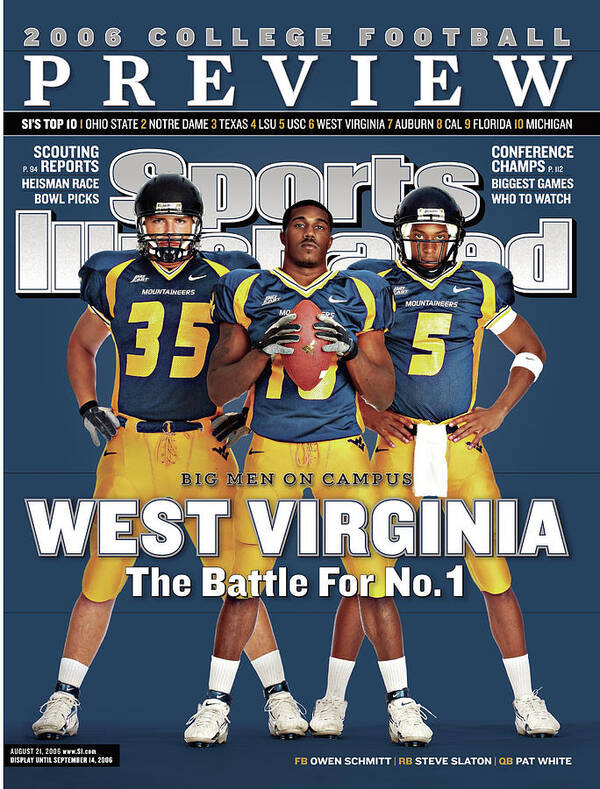 Morgantown Art Print featuring the photograph West Virginia Steve Slaton, Qb Pat White, And Owen Schmitt Sports Illustrated Cover by Sports Illustrated