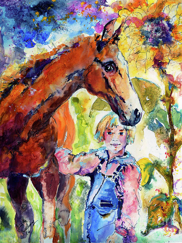 Horses Art Print featuring the painting Girl and Horse Watercolors vibrant colors by Ginette Callaway