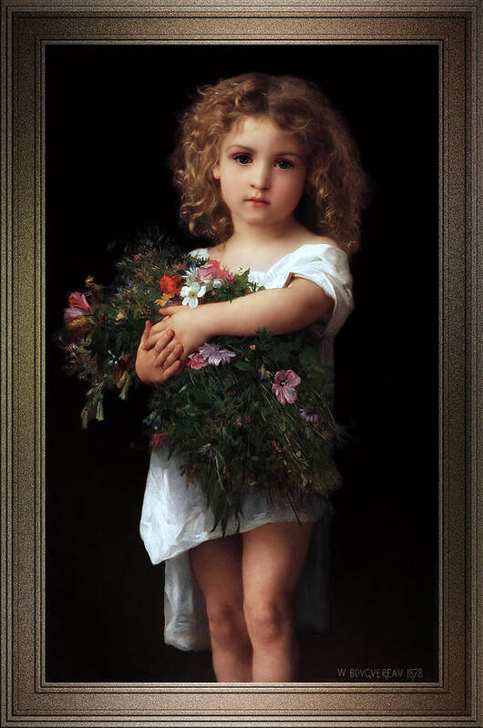 Little Girl With Flowers Art Print featuring the painting Little Girl With Flowers by William-Adolphe Bouguereau by Rolando Burbon