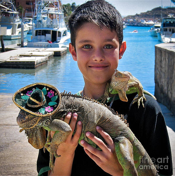 Boy Art Print featuring the photograph A Boy and His Iguanas by Amy Fearn