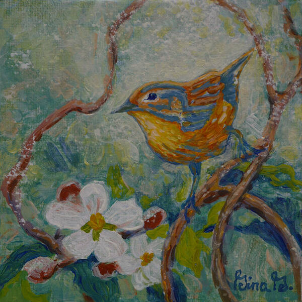 Gina G Art Print featuring the painting Apple Blossom Perch by Gina Grundemann