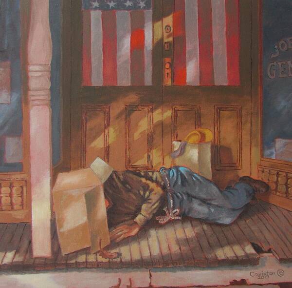 Greatest Generation Americana Art Print featuring the painting Homeless , Morning Son by Tony Caviston