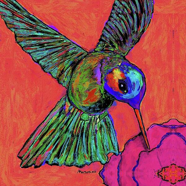 Hummingbird Art Print featuring the painting Hummingbird on Red by Dale Moses