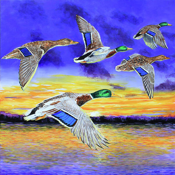 Mallards Art Print featuring the painting Mallards Early Morning Flight by Karl Wagner