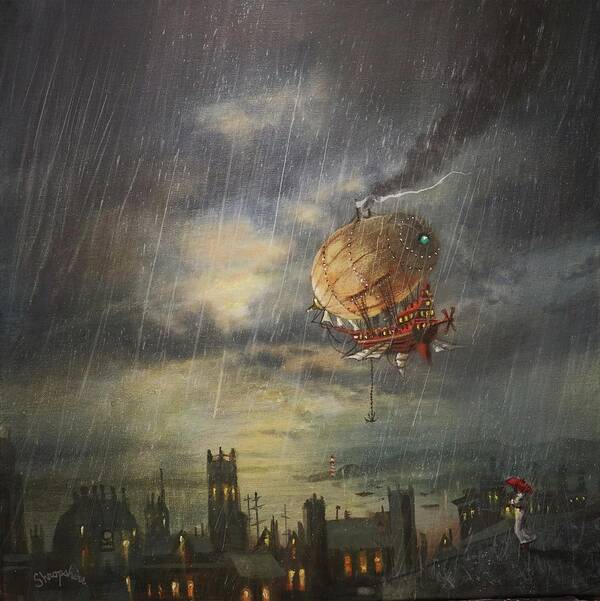 Steampunk Airship Art Print featuring the painting Airship In The Rain by Tom Shropshire