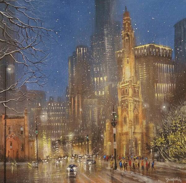 Snow Scene Art Print featuring the painting Chicago Water Tower by Tom Shropshire