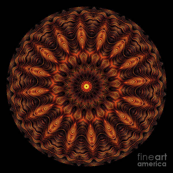 3 Dimensional Art Print featuring the digital art Intricate 13 orange, red and yellow mandala kaleidoscope by Amy Cicconi