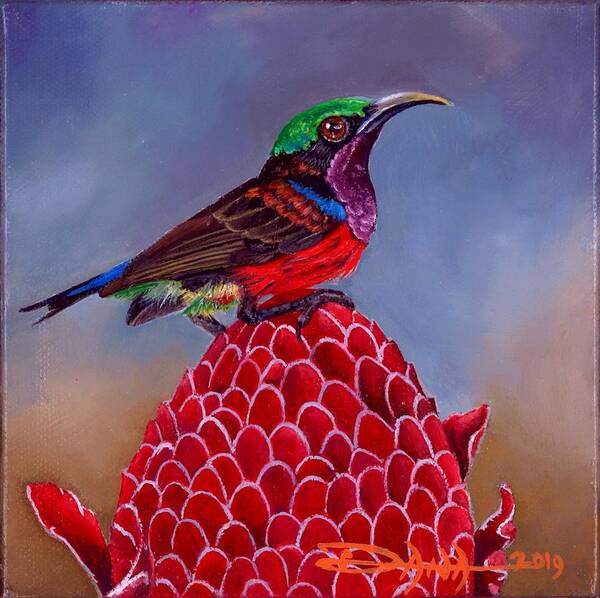 Birds Art Print featuring the painting Purple Throated Sunbird on Red Torch Ginger by Dana Newman