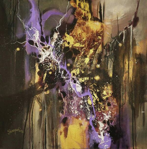 Abstract Art Print featuring the painting Purple and Gold Fusion by Tom Shropshire