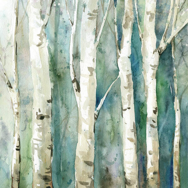 Contemporary Watercolor Birch Trees Washy Teals Greens Tan Art Print featuring the painting Watery Birch 2 by Carol Robinson