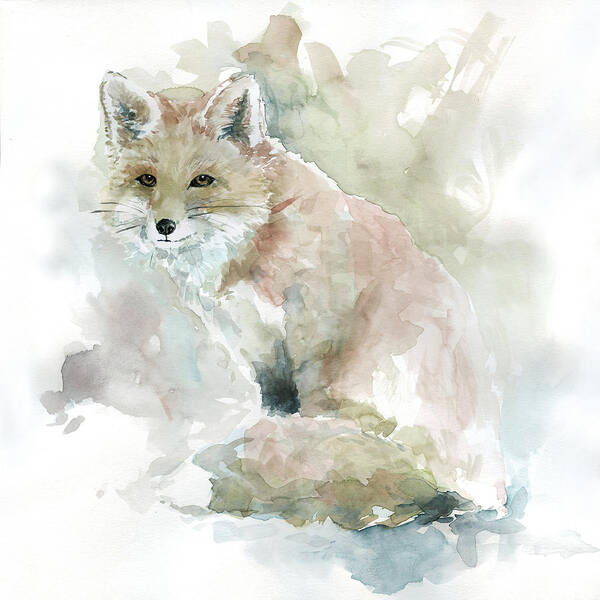 Watercolor Soft Blue Blush Neutral Red Fox Wildlife Baby Animal Art Print featuring the painting Garden Friends Fox by Carol Robinson