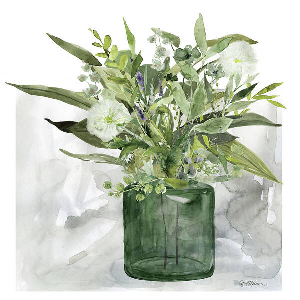 Mixed Greenery Flowers In Glass Vase Contemporary Stillife Art Print featuring the painting Garden Greens 1 by Carol Robinson
