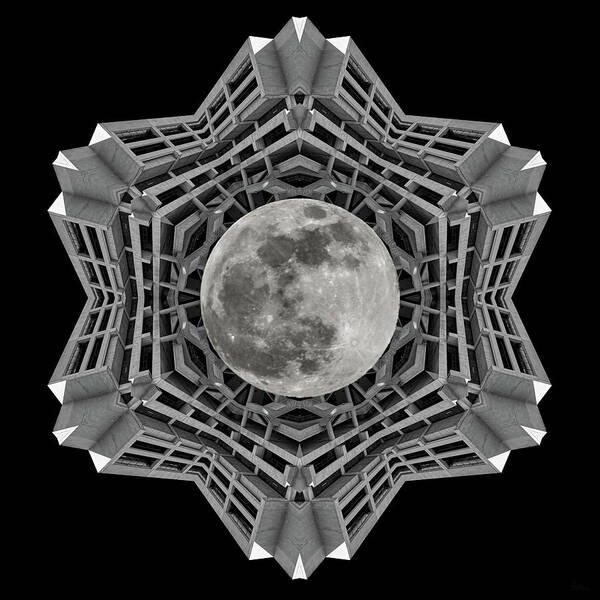 Helen C White Art Print featuring the photograph Kaleidoscope view of Helen C White Hall with full moon at UW Madison campus by Peter Herman