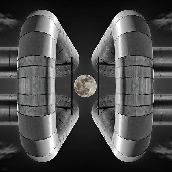 Lunar Art Print featuring the photograph Lunaroyal - mirrored Uniroyal Building Industrial ductting with full moon - square crop by Peter Herman