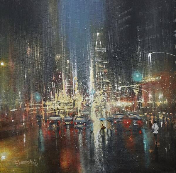 City Rain Art Print featuring the painting Night Rain by Tom Shropshire