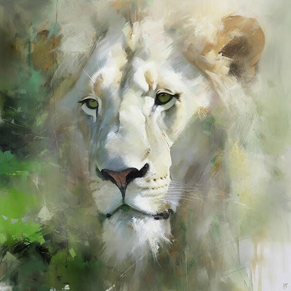 Lion Art Print featuring the painting Portrait of A White Lion by Jai Johnson