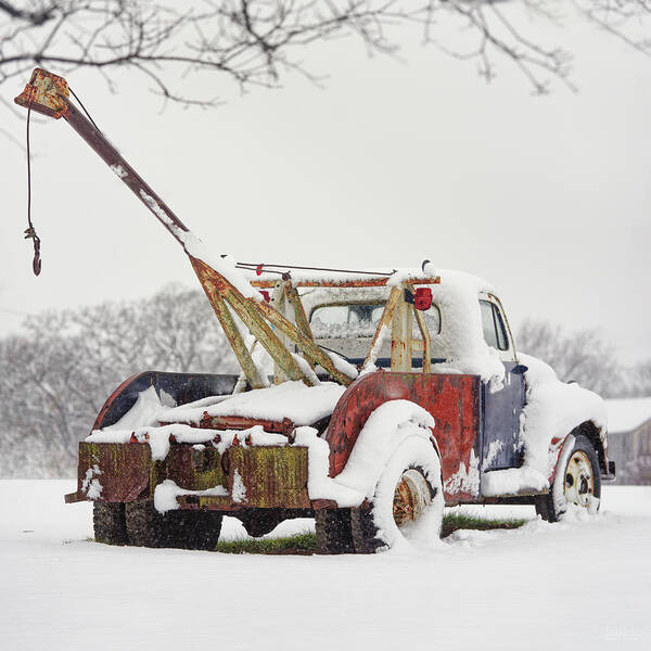 Tow Truck Art Print featuring the photograph Ready for Action - Vintage tow truck at Olson's Auto Exchange near Stoughton WI by Peter Herman
