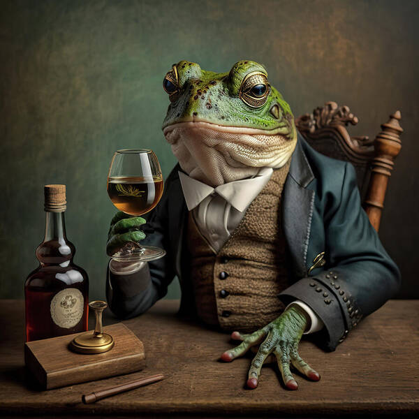 Frog Art Print featuring the digital art Well Dressed Frog Sitting at Table Having a Glass of Wine by Jim Vallee