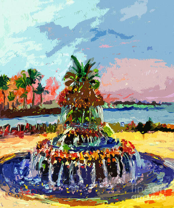 Abstract Art Print featuring the painting Charleston South Carolina Pineapple Fountain Painting by Ginette Callaway