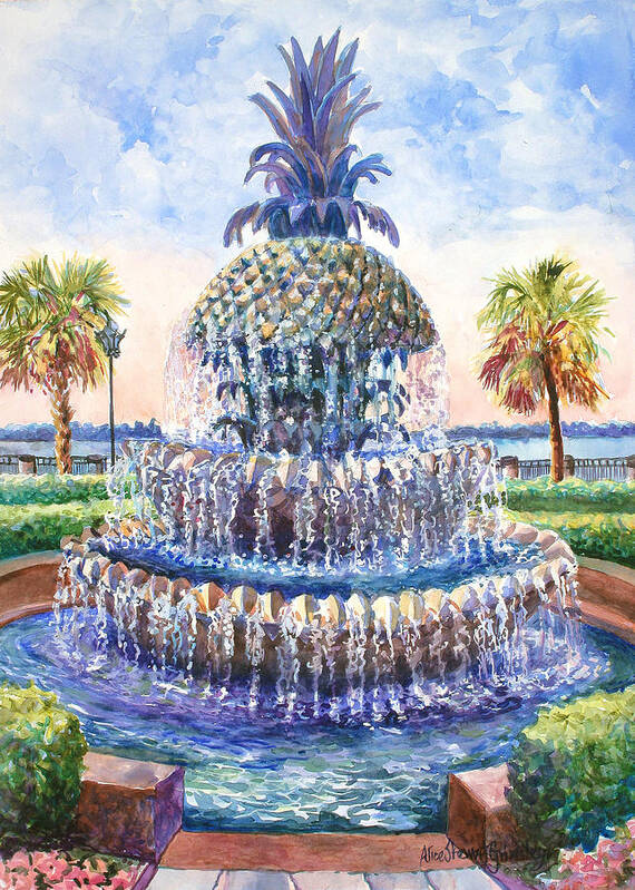 Charleston Art Print featuring the painting Charleston's Pineapple Fountain by Alice Grimsley